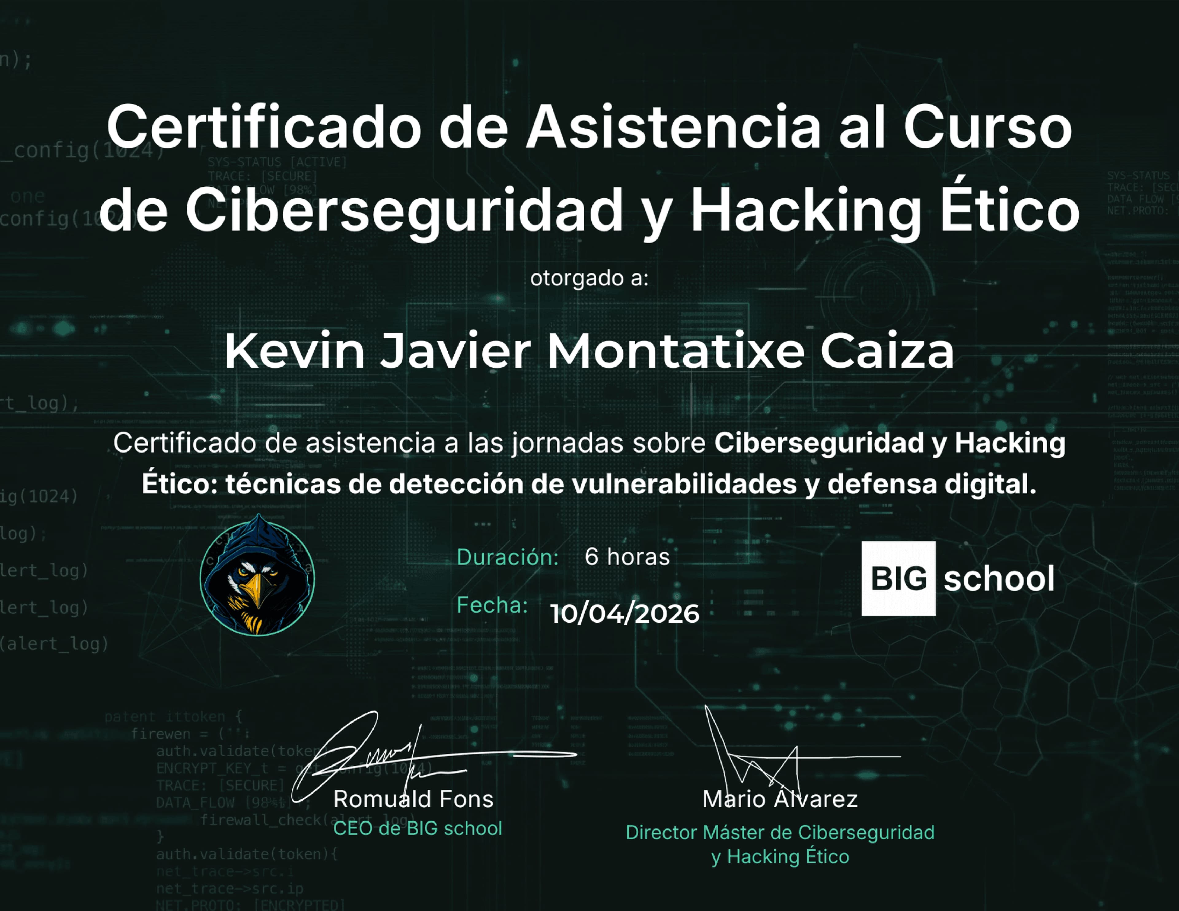 Certificado de Cybersecurity and Ethical Hacking